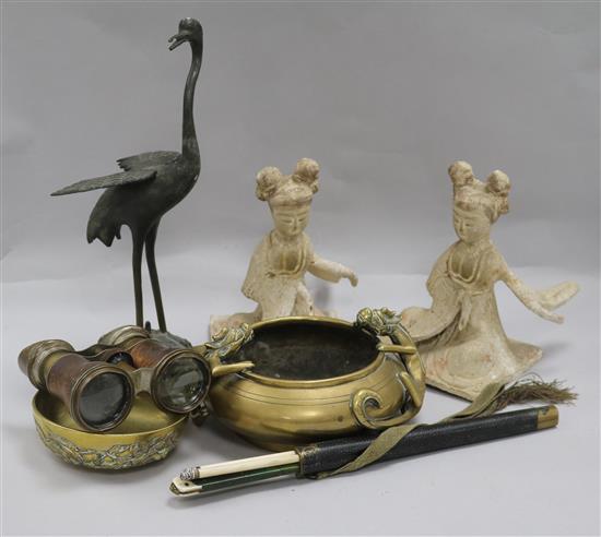 A bronze censer, a chopstick case and a pair of Tang dynasty kneeling figures